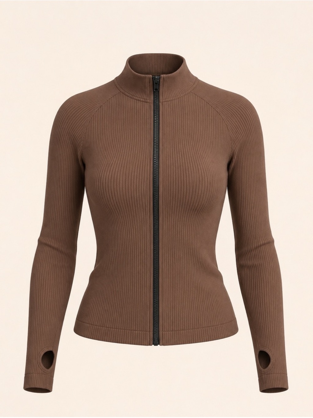 OQQ Brown Ribbed Zip Mock Neck Top Large Thumbhole Activewear